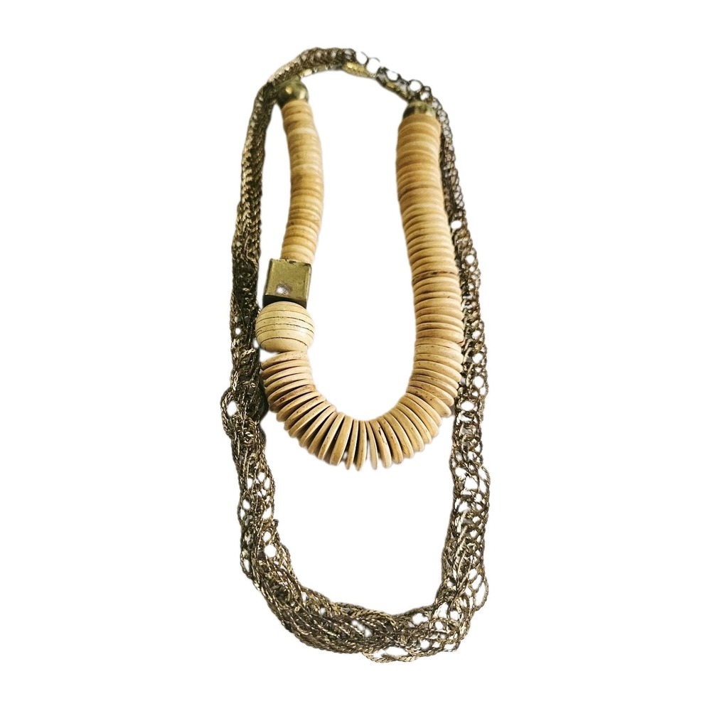 Vintage Wood Bead Shell African Style Necklace And Chunky Weaved Metal